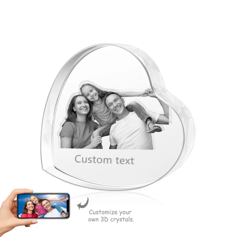 3D Crystal Photo Heart Shaped, Gift for Women, Men, Couples - 3D Glass Pictures Crystal - Personalised Crystal Photo Frame