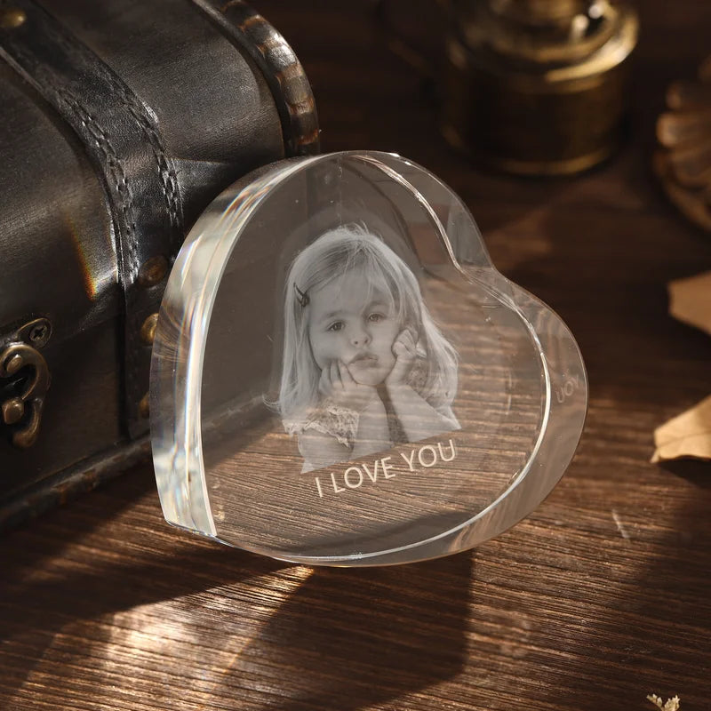 3D Crystal Photo Heart Shaped, Gift for Women, Men, Couples - 3D Glass Pictures Crystal - Personalised Crystal Photo Frame