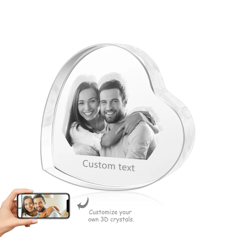 3D Crystal Photo Heart Shaped, Gift for Women, Men, Couples - 3D Glass Pictures Crystal - Personalised Crystal Photo Frame