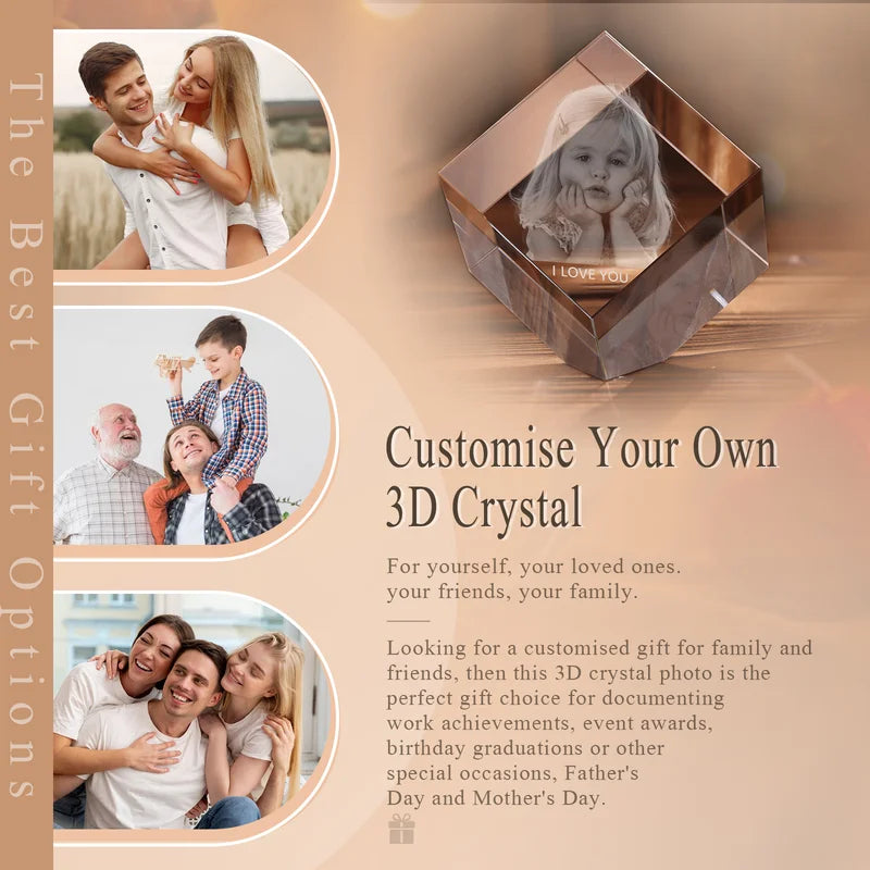 3D Crystal Photo Square Shaped, Gift for Women, Men, Couples - 3D Glass Pictures Crystal - Personalised Crystal Photo Frame