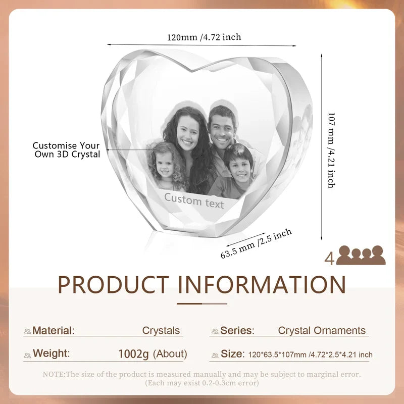 3D Crystal Photo Heart Shaped - 3D Glass Pictures Crystal - Personalised Crystal Photo Frame - Gift for Christmas, Valentine's, Anniversary, Birthday, Mother's Day