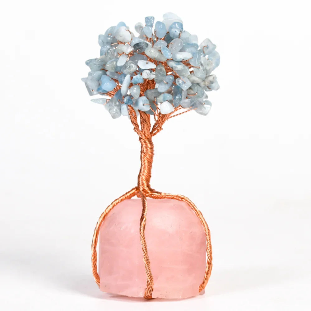 Aquamarine Crystal Tree with Rose Quartz Base