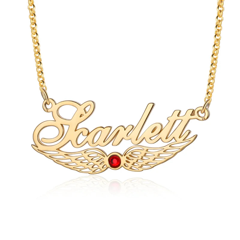 Angel Wings Personalised Name Necklace with Birthstone, Name Jewellery for Her, Custom Name Necklace Silver/Gold/Rose Gold