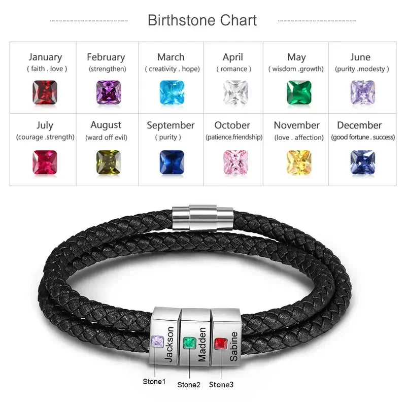 Birthstone Men's Leather Personalised Bracelet with 2-5 Engraved Beads