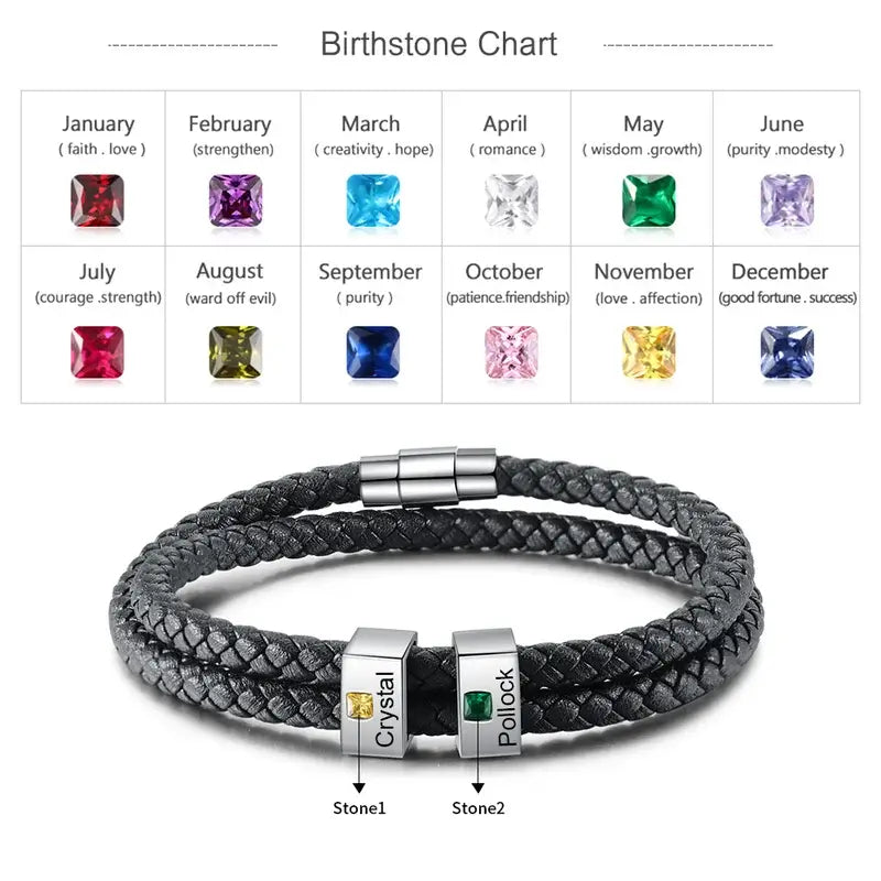 Birthstone Men's Leather Personalised Bracelet with 2-5 Engraved Beads