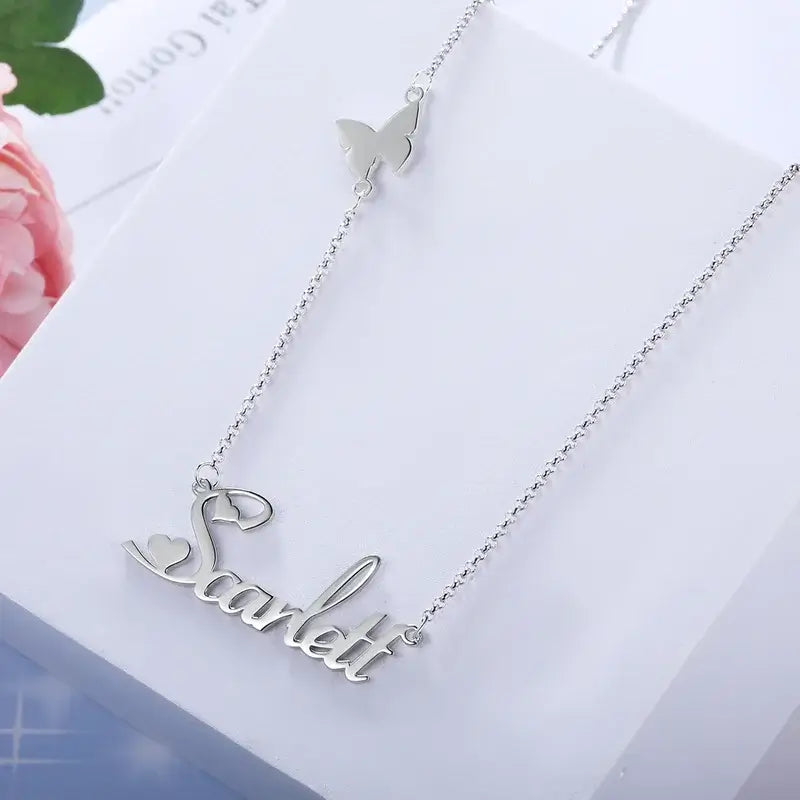 Butterfly Charm Name Necklace for Women, Sterling Silver Name Necklace Gold/Silver/Rose Gold, Custom Name Necklace with Heart