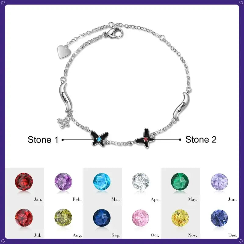 Butterfly Pendant Personalized Birthstone Bracelet with Engraved Name