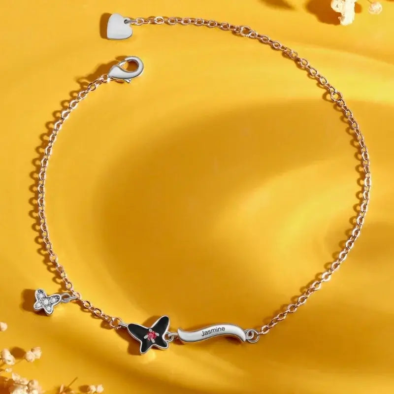 Butterfly Pendant Personalized Birthstone Bracelet with Engraved Name