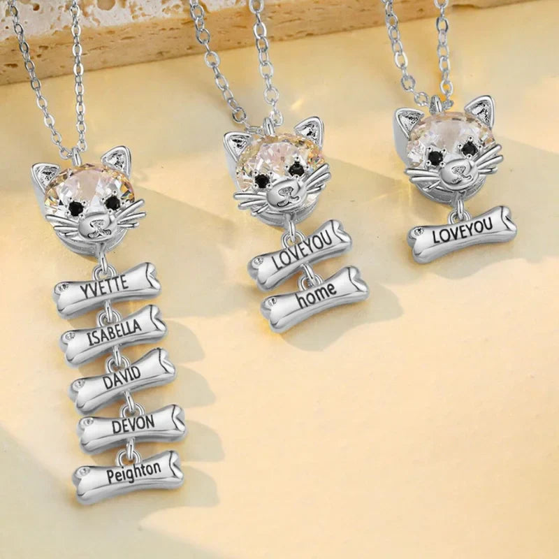 Mum Necklace with Children's Names | Cat and Bone Charms Birthstone Necklace for Mum