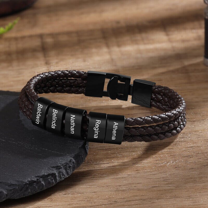 Men's Personalised Brown Leather Bracelet with Engraved Beads - 1-5 Names