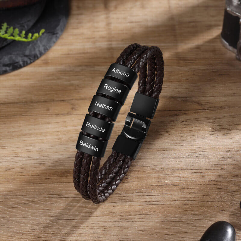 Men's Personalised Brown Leather Bracelet with Engraved Beads - 1-5 Names