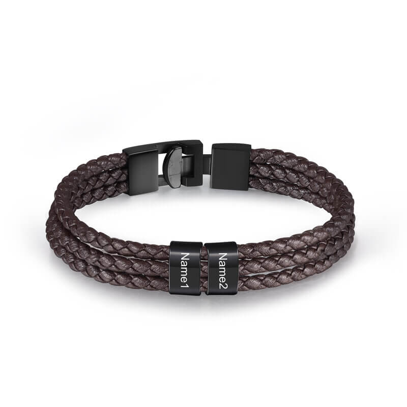 Men's Personalised Brown Leather Bracelet with Engraved Beads - 1-5 Names