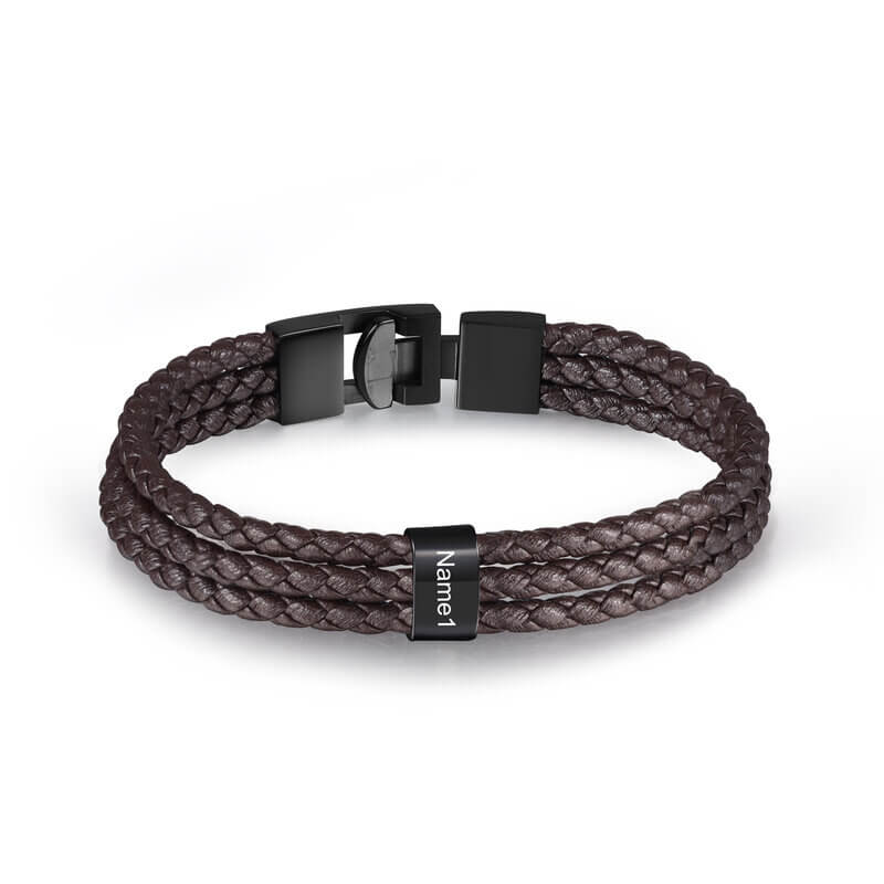 Men's Personalised Brown Leather Bracelet with Engraved Beads - 1-5 Names