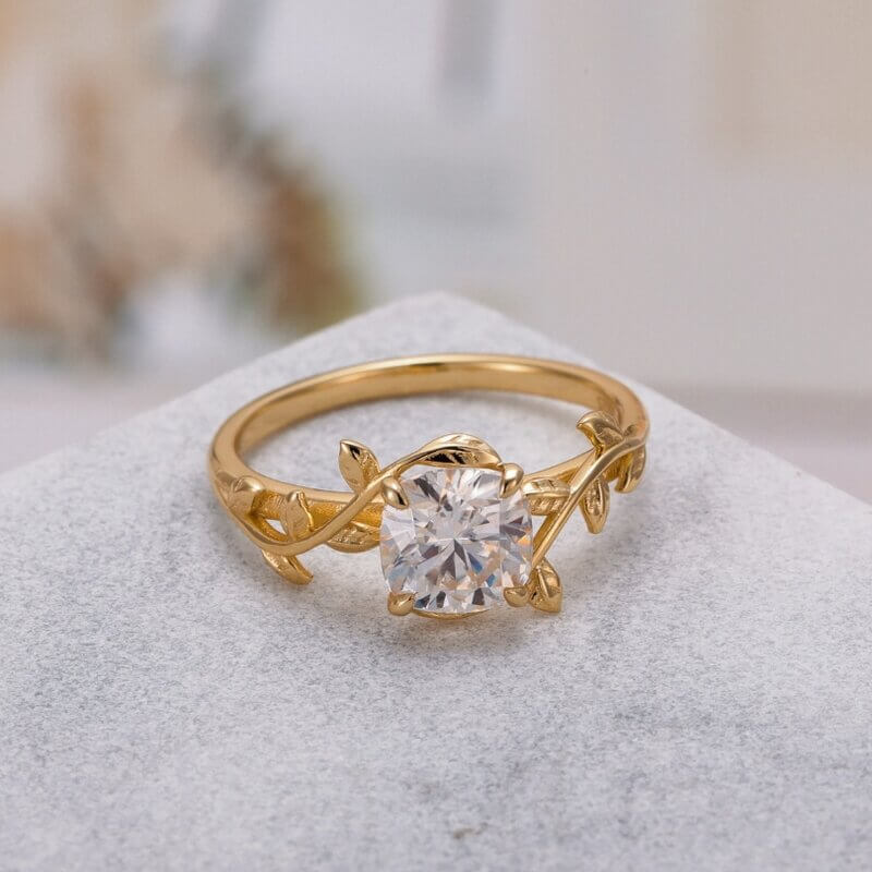 Leaf Branch Moissanite Ring Cushion Shaped Sterling Silver with Yellow Gold Plated