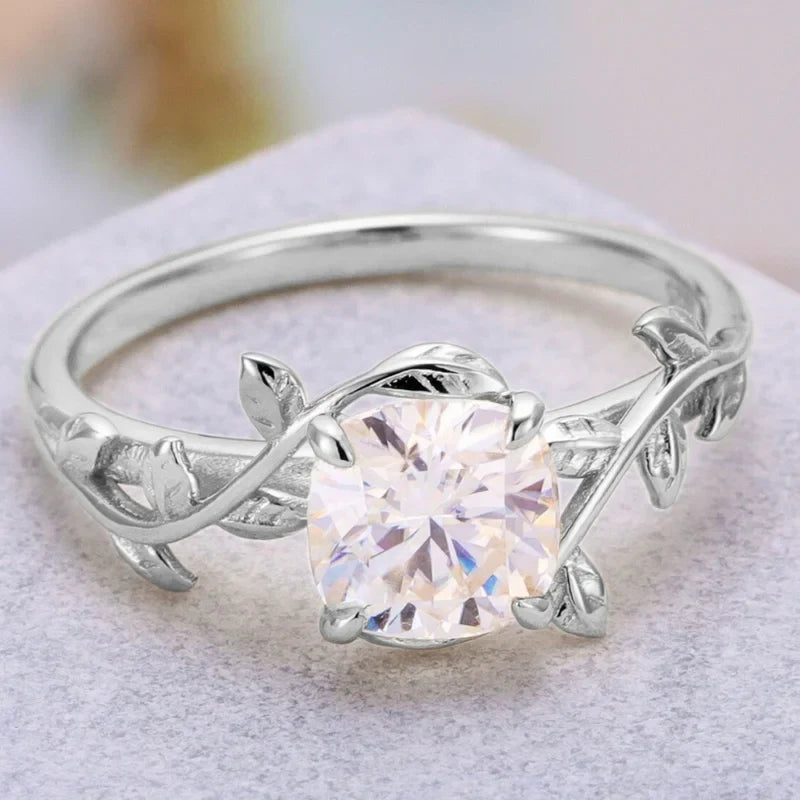 Leaf Branch Moissanite Ring Cushion Shaped