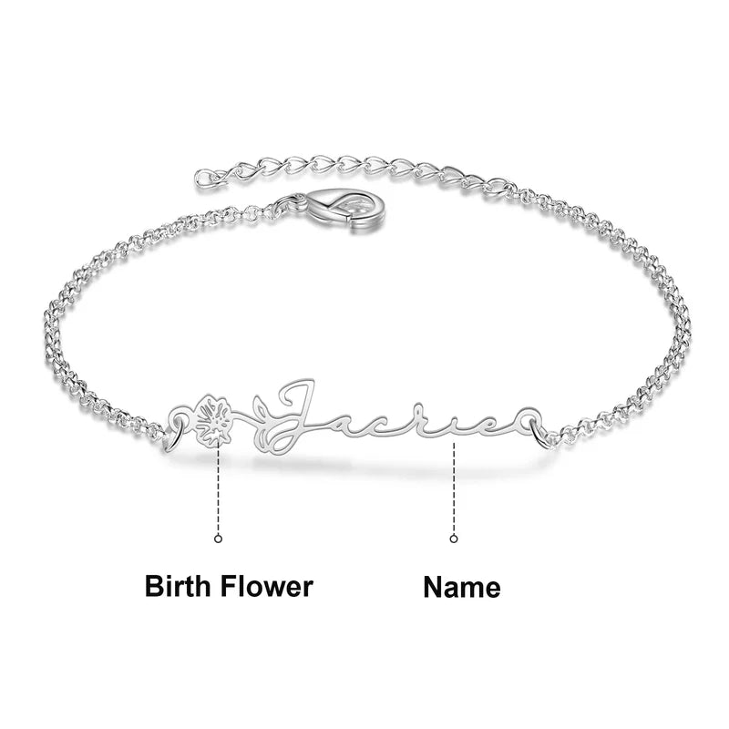 Birth Flower Name Bracelet, Custom Birth Flower Bracelet, Personalised Name Jewellery for Women