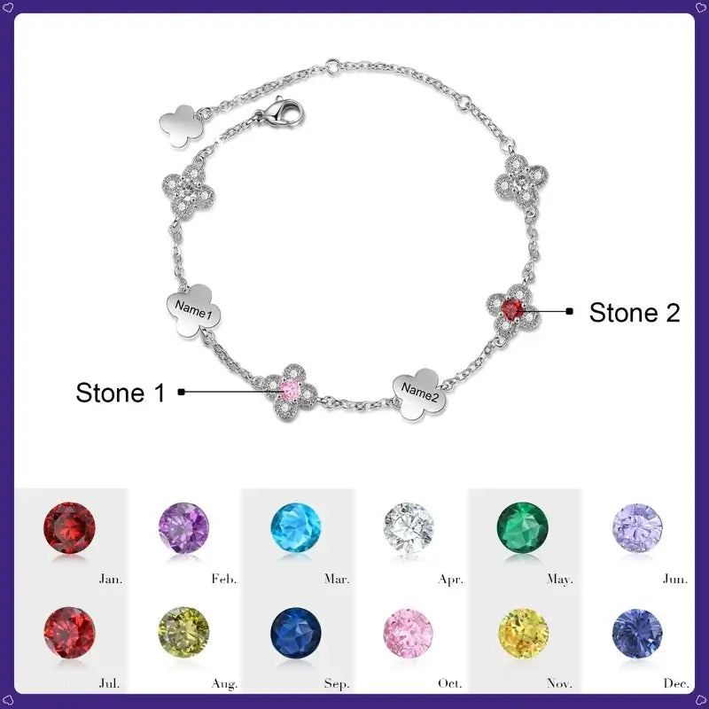 Engraved Four-Leaf Clover Custom Birthstone Bracelet with Name