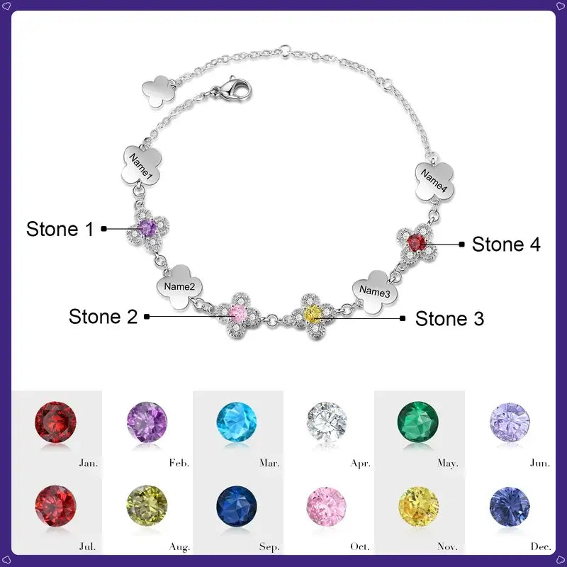 Engraved Four-Leaf Clover Personalised Birthstone Bracelet with Name