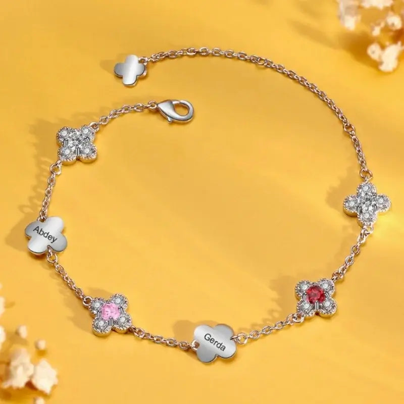 Engraved Four-Leaf Clover Personalised Birthstone Bracelet with Name