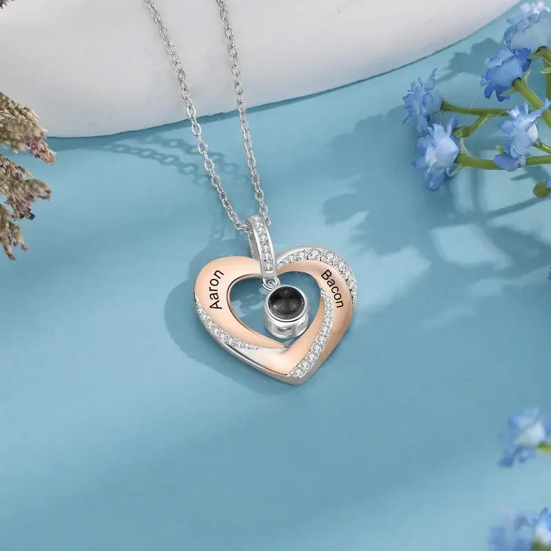 Heart Photo Projection Necklace with Picture Inside | Engraved 2 Names Necklace