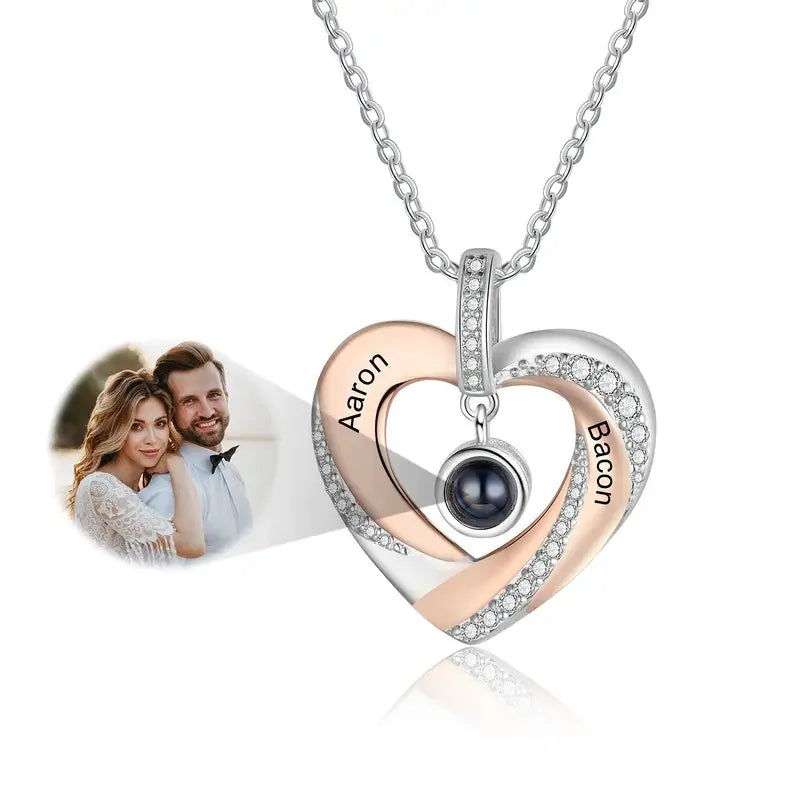 Heart Photo Projection Necklace with Picture Inside | Engraved 2 Names Necklace