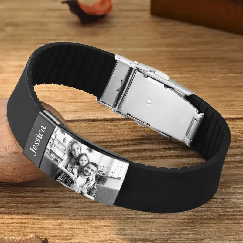 Men's Picture Bracelet with Engraving - Personalised Men's Silicone Bracelet