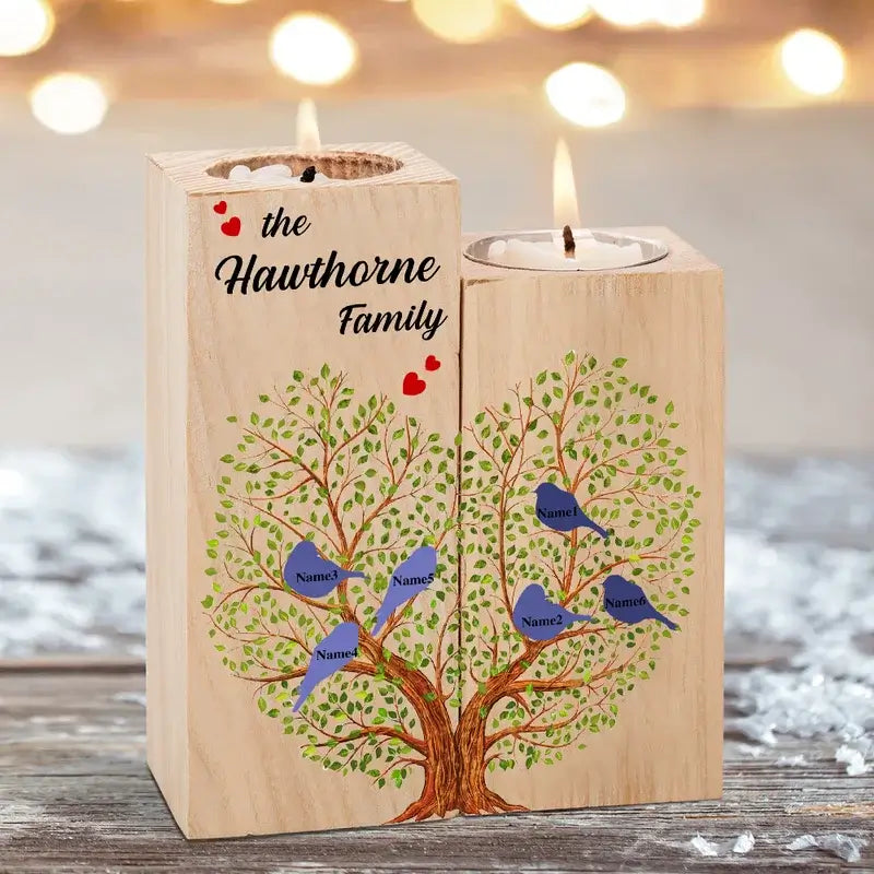 Personalised Candle Holder | Personalised Wooden Candle holder | Family Tree Personalised Candle Holder with 3-6 Names