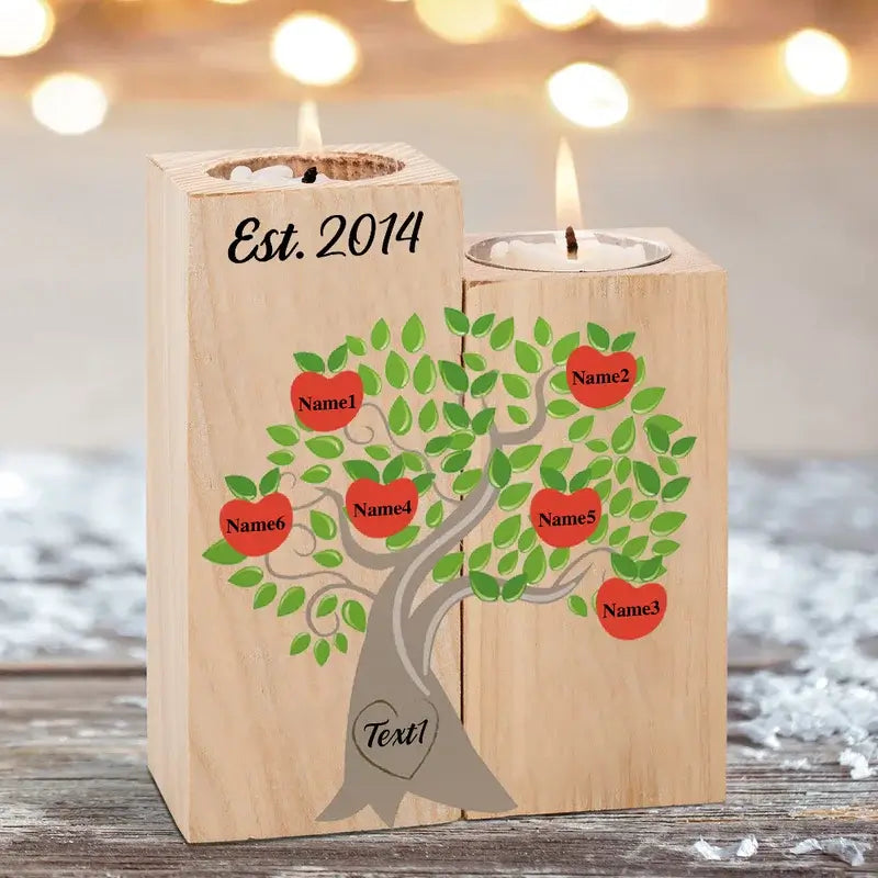 Personalised Candle Holder | Family Tree Personalised Engraved Names Candle Holder | Personalised Wooden Candle Holder 3-6 Names