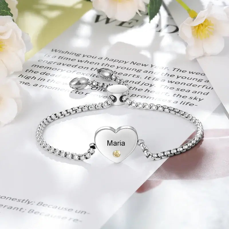 Heart Shaped Engraved Name Personalised Birthstone Bracelet