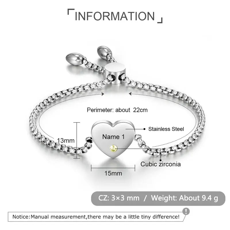 Heart Shaped Engraved Name Personalised Birthstone Bracelet