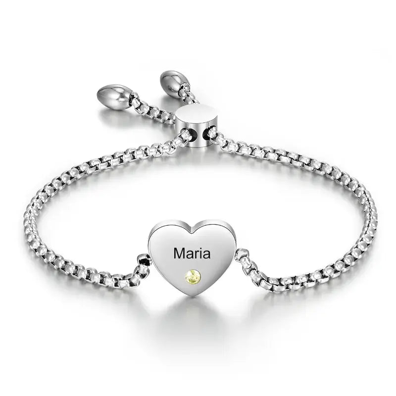 Heart Shaped Engraved Name Personalised Birthstone Bracelet