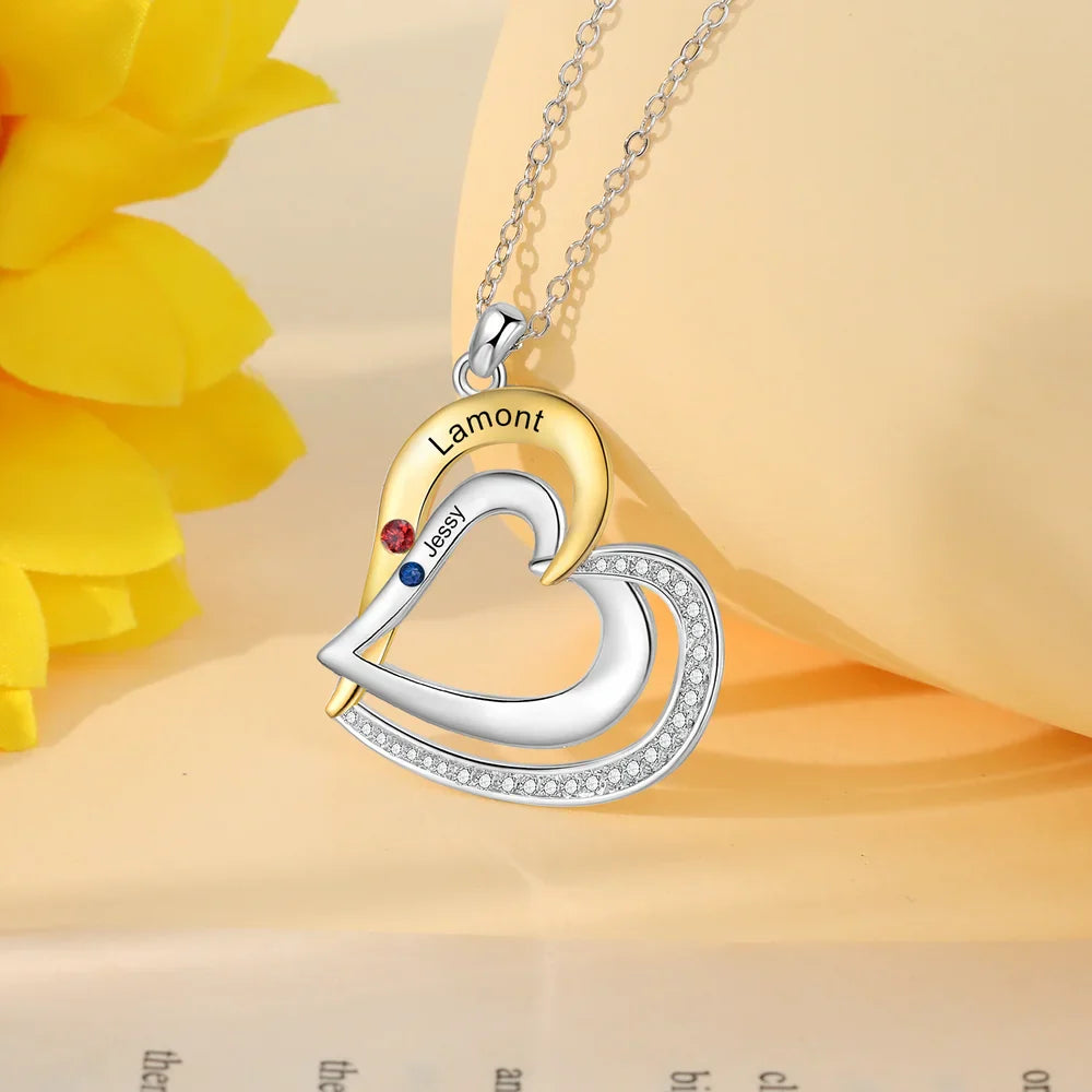 Two Heart Personalised Necklace, Engraved 1-3 Names Necklace with Birthstones, Sterling Silver Personalised Jewellery for Women