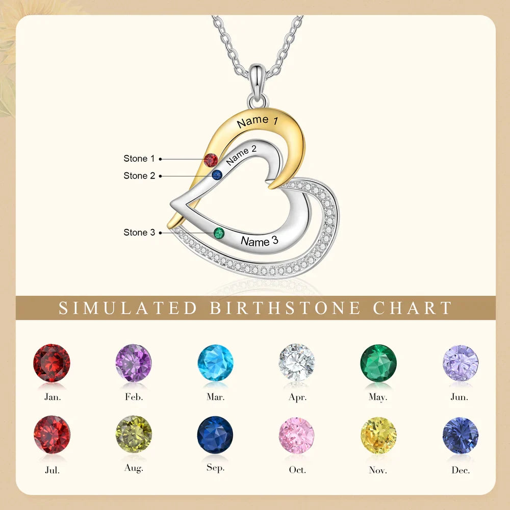 Two Heart Personalised Necklace, Engraved 1-3 Names Necklace with Birthstones, Sterling Silver Personalised Jewellery for Women