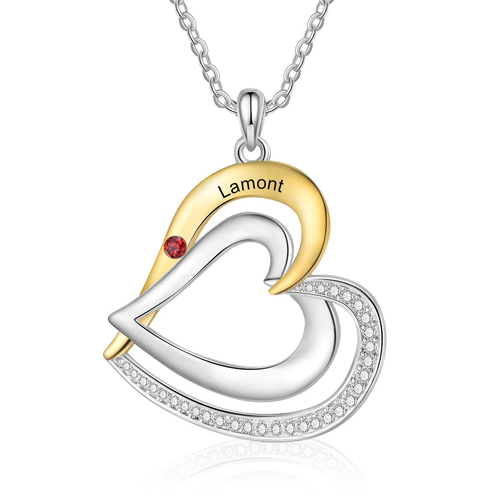 Two Heart Personalised Necklace, Engraved 1-3 Names Necklace with Birthstones, Sterling Silver Personalised Jewellery for Women