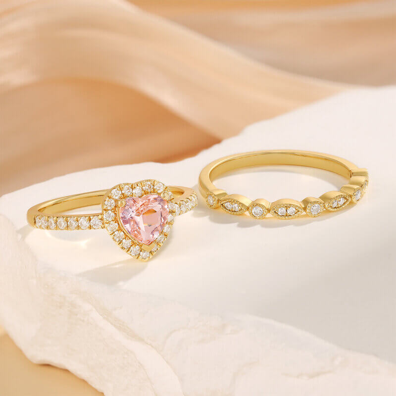 Heart Shaped Morganite Engagement Ring Set with Moissanite 14/18k Yellow Gold