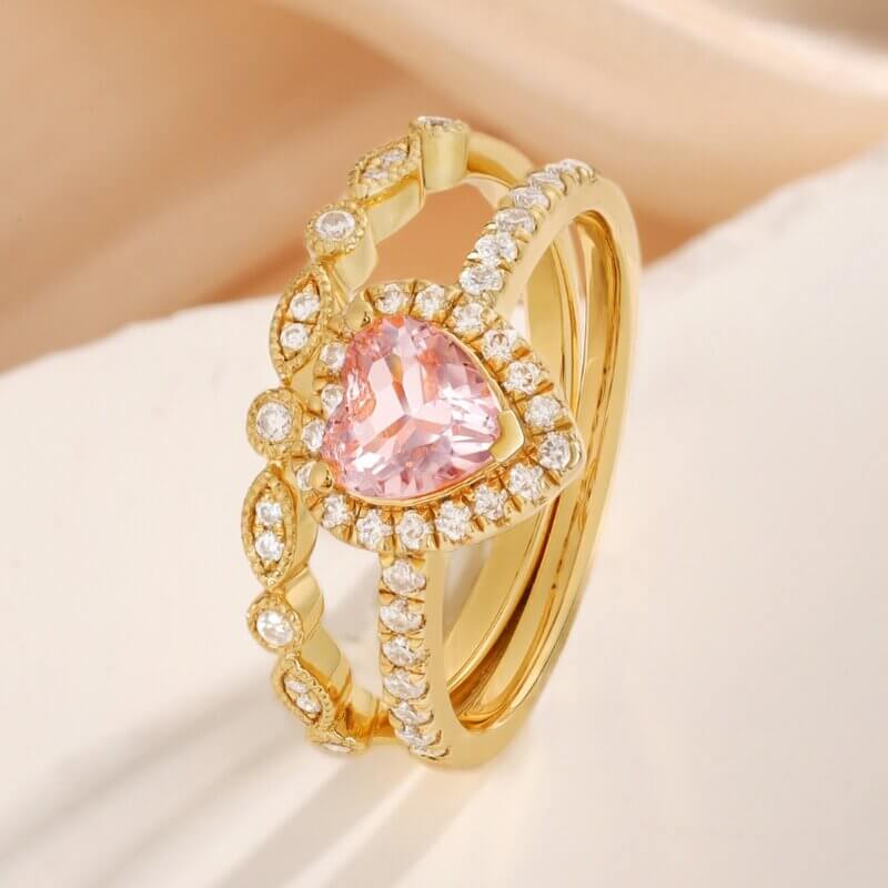 Heart Shaped Morganite Engagement Ring Set with Moissanite 14/18k Yellow Gold