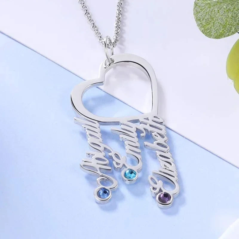 Heart-Shaped Personalised 3 Names Necklace with 3 Birthstones, Custom Birthstone Name Necklace, Personalised Name Jewellery for Mum