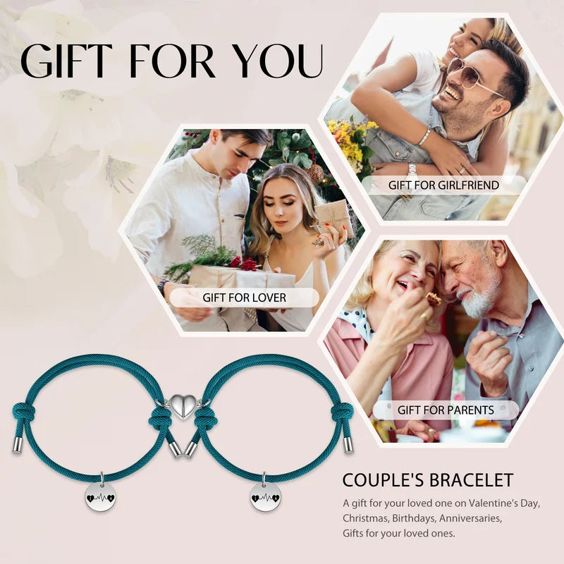 Initial Matching Bracelets | Heartbeat Initial Couple Bracelets | Heart Magnetic Bracelets for Couples