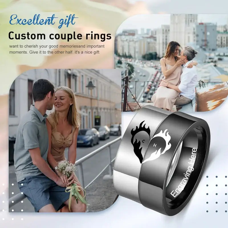 Initial Couple Rings | Heart Matching Rings | His and Hers Ring with Engraving