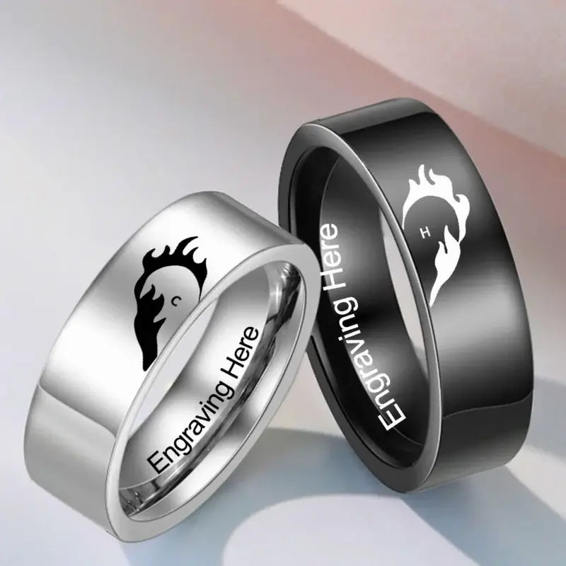 Initial Couple Rings | Heart Matching Rings | His and Hers Ring with Engraving