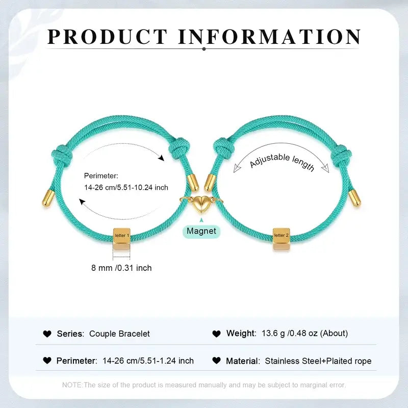 Initial Couple Bracelets | Matching Bracelets for Couples | Magnetic Heart Charms | 12 Colours