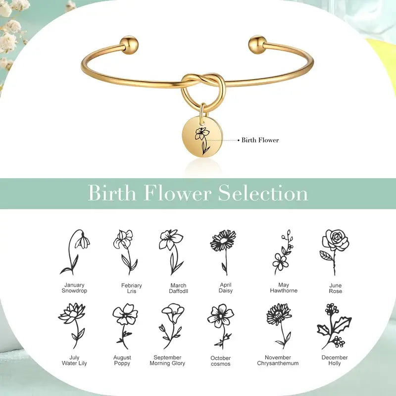 Knotted Heart Birth Flower Bangle, Birth Flower Bracelet Silver/Gold/Rose Gold, Birth Flower Jewellery for Her