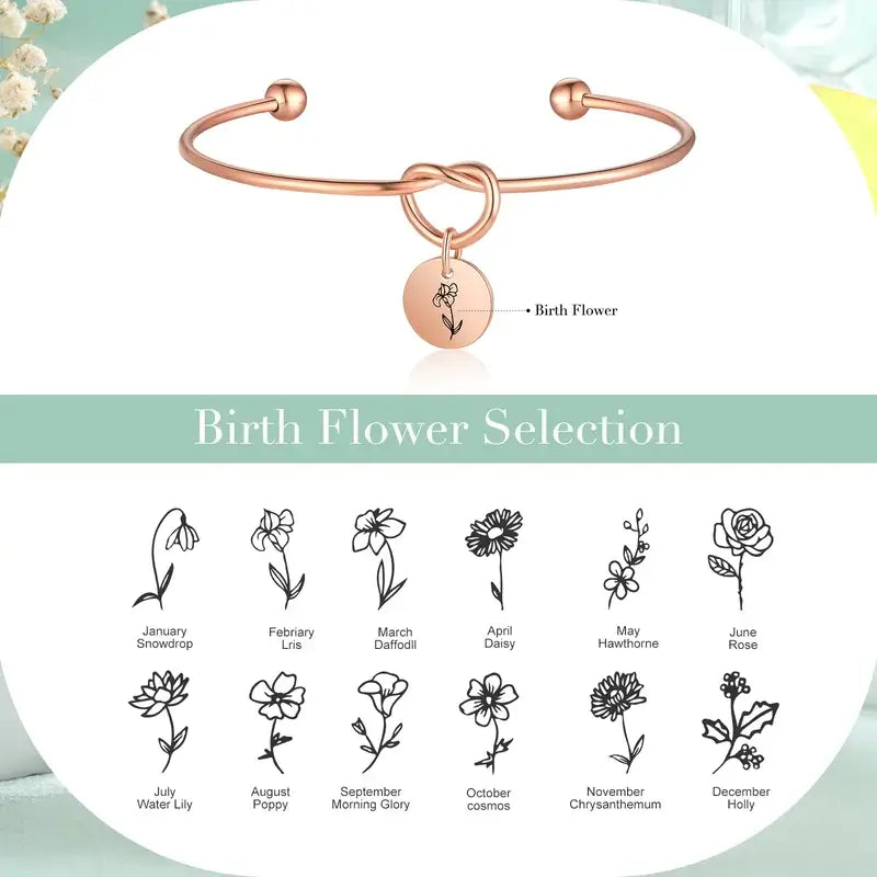 Knotted Heart Birth Flower Bangle, Birth Flower Bracelet Silver/Gold/Rose Gold, Birth Flower Jewellery for Her