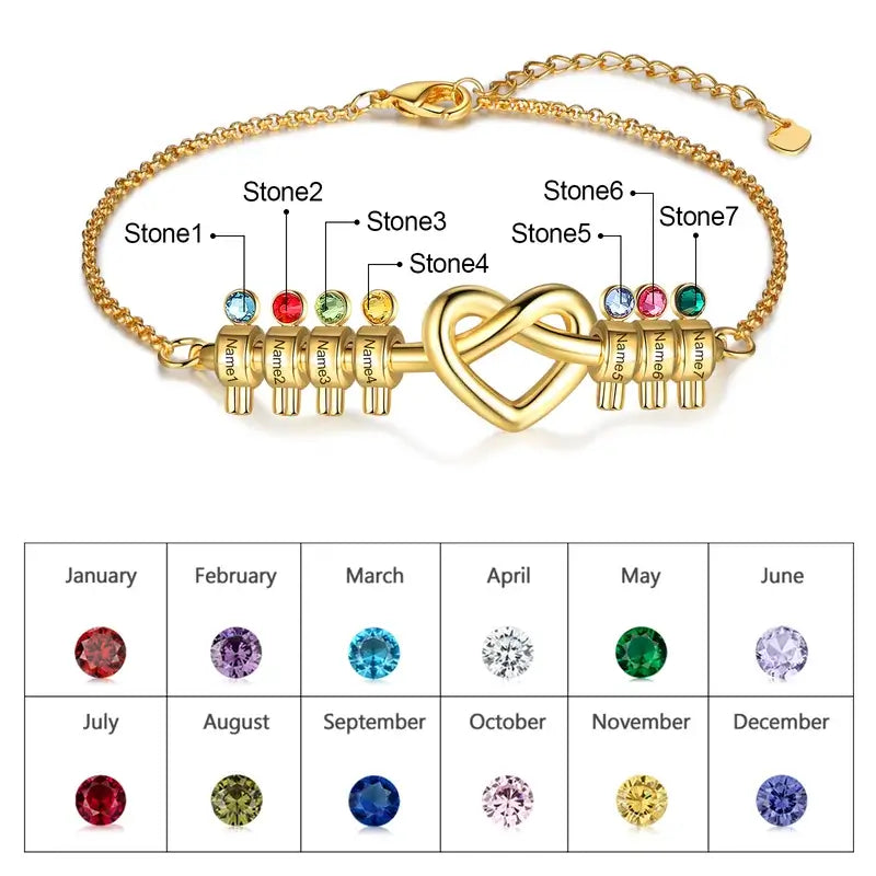 Knotted Heart Engraved Name Custom Birthstone Bracelet