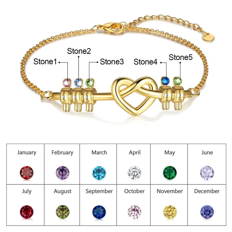 Knotted Heart Engraved Name Custom Birthstone Bracelet