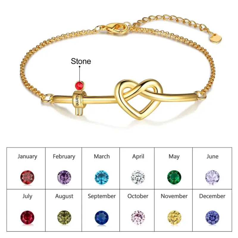 Knotted Heart Engraved Name Custom Birthstone Bracelet