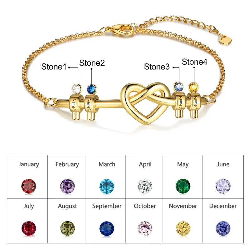 Knotted Heart Engraved Name Personalised Birthstone Bracelet