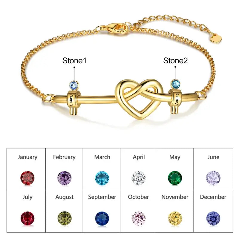 Knotted Heart Engraved Name Personalised Birthstone Bracelet