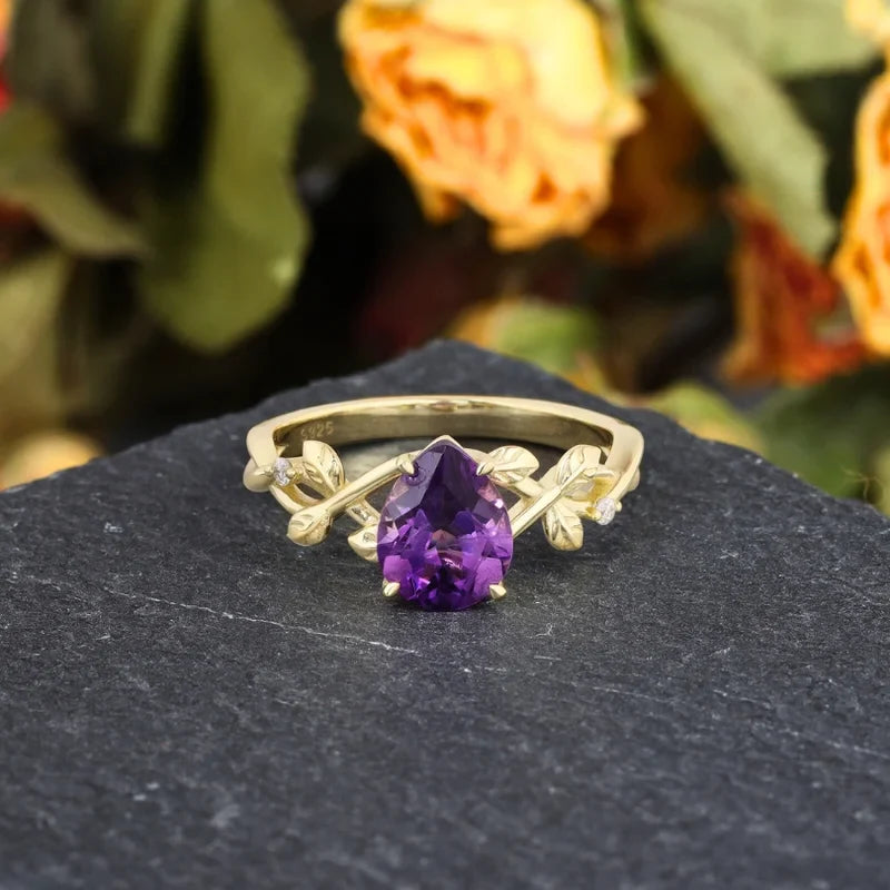 Leaf Branch Amethyst Engagement Ring Pear Shaped