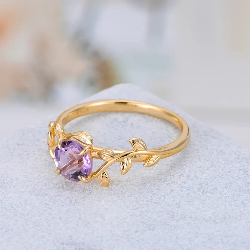 Leaf Branch Amethyst Ring Natural Amethyst Round Cut